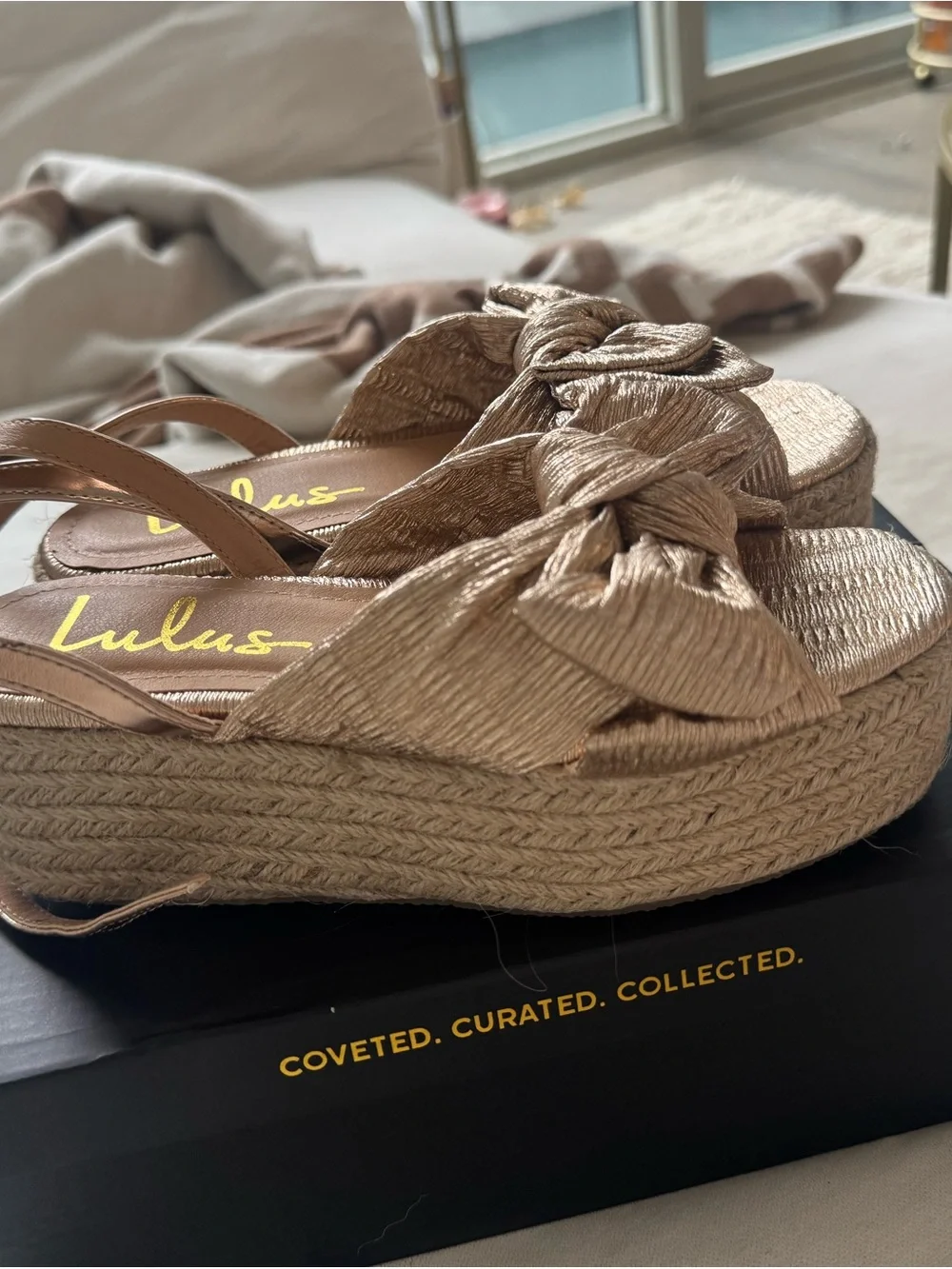 Lulu's Metallic Gold Bow Espadrille Wedge Sandals